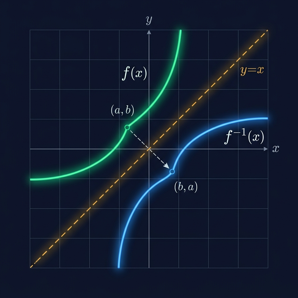 Inverse function diagram showing f(x) and f-inverse(x) as mirror images across the line y = x